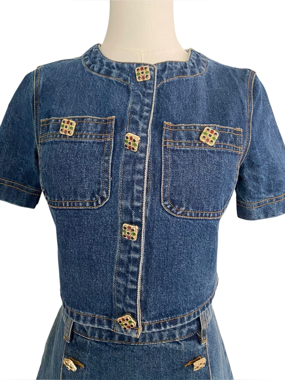 Self-Portrait Dark Blue Denim Short Sleeve Two-Piece Dress Set - Picture 3 of 13